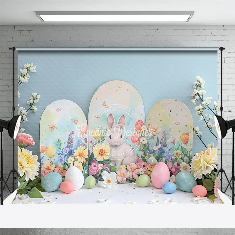 Aperturee Easter Bunny Arched Panels Backdrop, Spring Floral Garden and Pastel Eggs Party Decoration Background