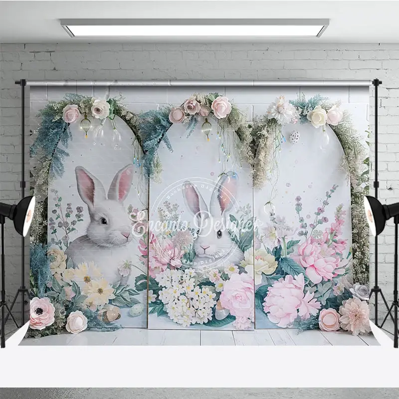 Aperturee Modern Easter Bunny Arch Backdrop, Pink Peony and Spring Greenery Party Decoration Studio