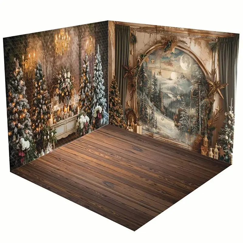 Aperturee Wooden Floor Mural Wall Christmas Room Set Backdrop | Xmas Backdrop | Christmas Photo Booth Backdrop | Christmas Backdrops For Photography