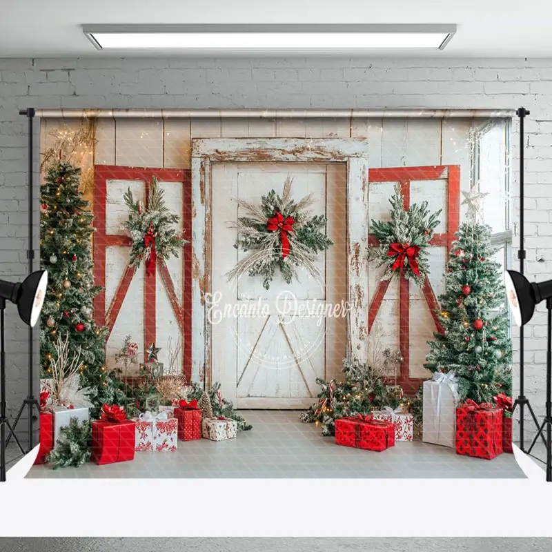 Aperturee Wood Door Red Poinsettia Decor Winter Christmas Backdrop | Christmas Scenic Backgrounds | Xmas Backdrop | Christmas Background Photography