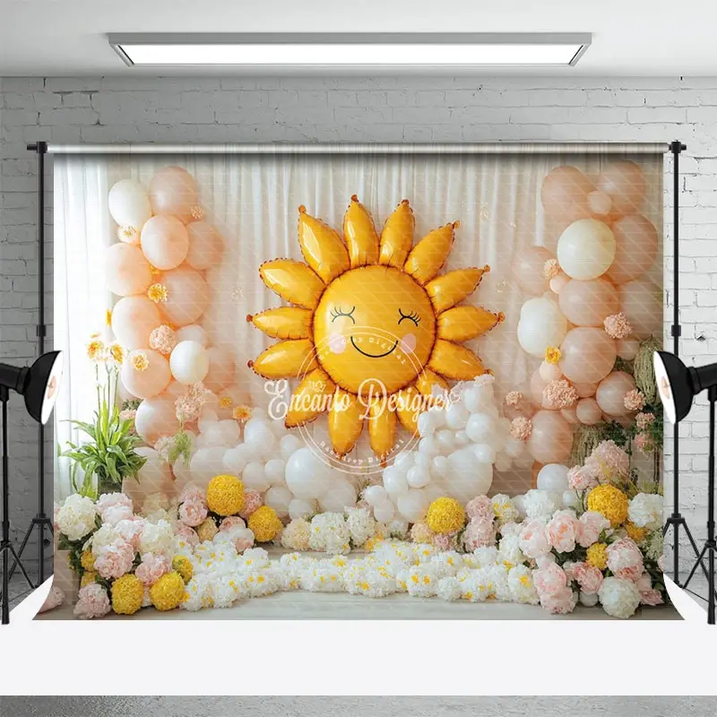 Aperturee Sweet Floral Sun Balloon Curtain Cake Smash Backdrop, 3X2FT(1MX0.6M), 14 USD, birthday cake smash backdrops, ENHD9K52-M