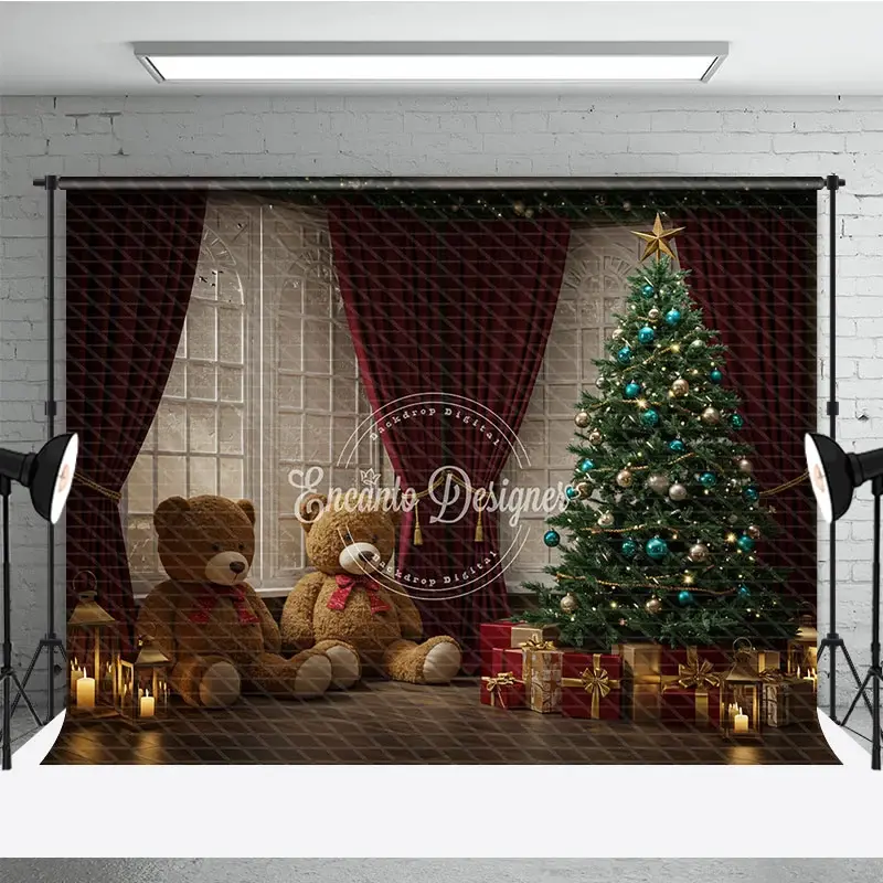 Aperturee Cozy Christmas Window Photography Backdrop, Teddy Bears and Tree with Red Curtains, Holiday Mini Sessions, 3x2ft (WxH)