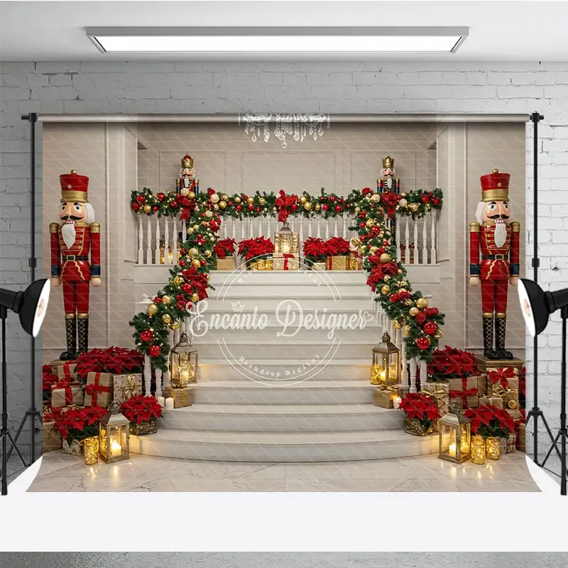 Aperturee Grand Christmas Staircase Photography Backdrop, Nutcrackers and Poinsettia Decor, Elegant Holiday Background, 3x2ft (WxH)