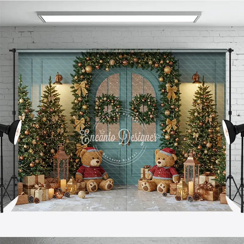 Aperturee Teal Christmas Door Photography Backdrop, Teddy Bears in Snow with Gold Garland, Holiday Mini Session Background, 3x2ft (WxH)