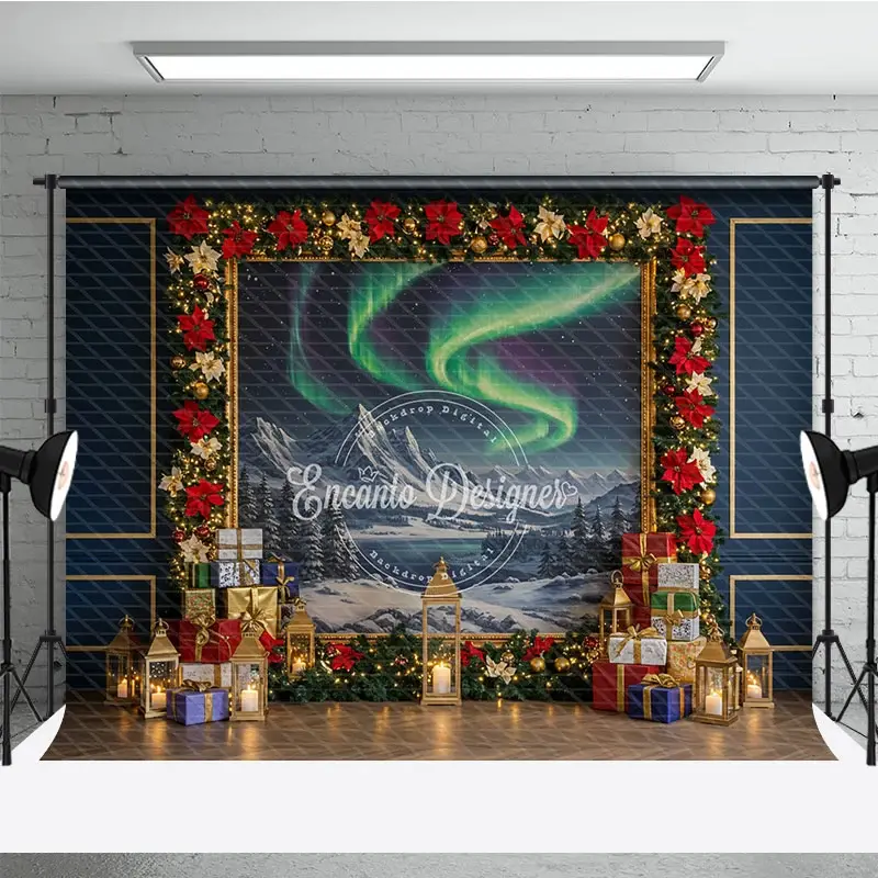 Aperturee Christmas Northern Lights Photography Backdrop, Aurora Borealis Painting with Poinsettias, Holiday Photo Background, 3x2ft (WxH)