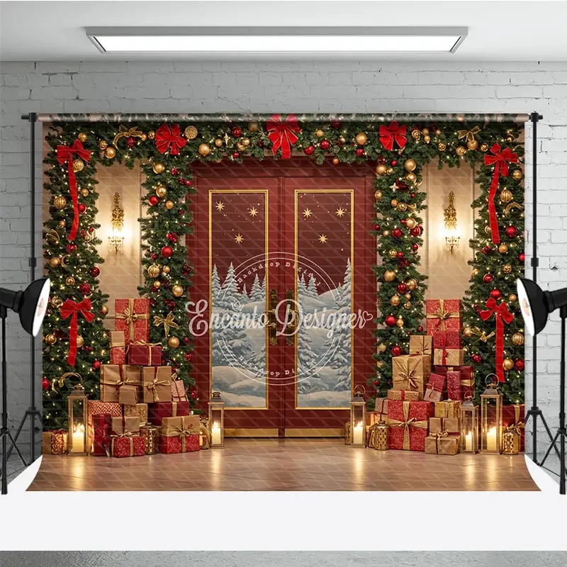 Aperturee Elegant Red Christmas Door Photography Backdrop, Snowy Scene with Garland and Trees, Holiday Mini Session Background, 3x2ft (WxH)