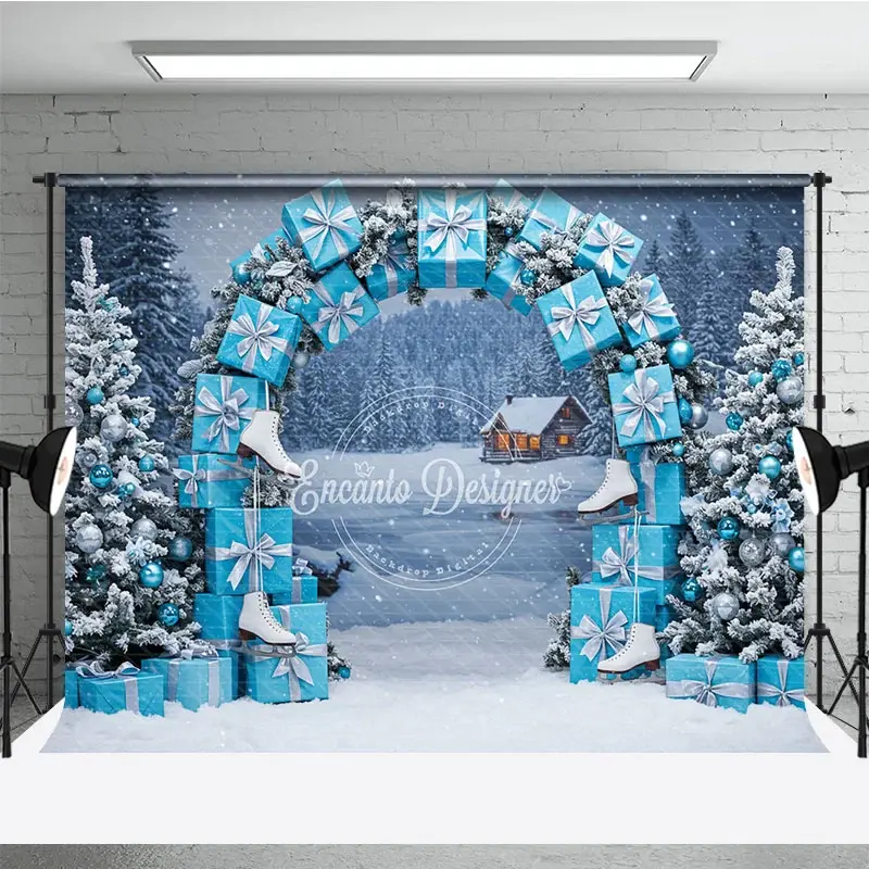 Aperturee Winter Wonderland Photography Backdrop, Blue Gift Box Arch with Ice Skates, Snowy Christmas Photo Background, 3x2ft (WxH)