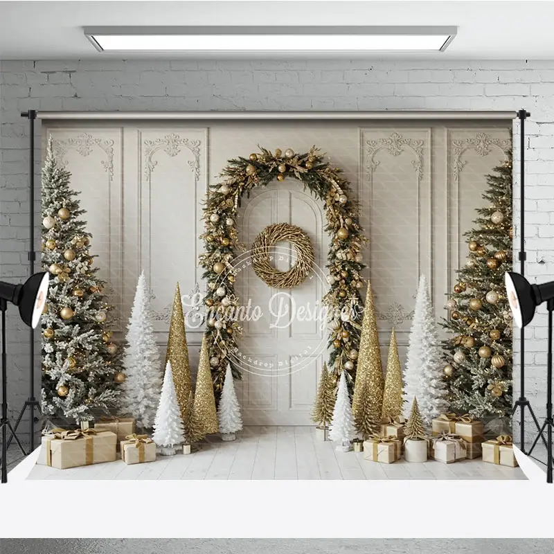 Aperturee Elegant Christmas Doorway Photography Backdrop, Gold Garland Arch with Flocked Trees, Classic Holiday Photo Background, 3x2ft (WxH)