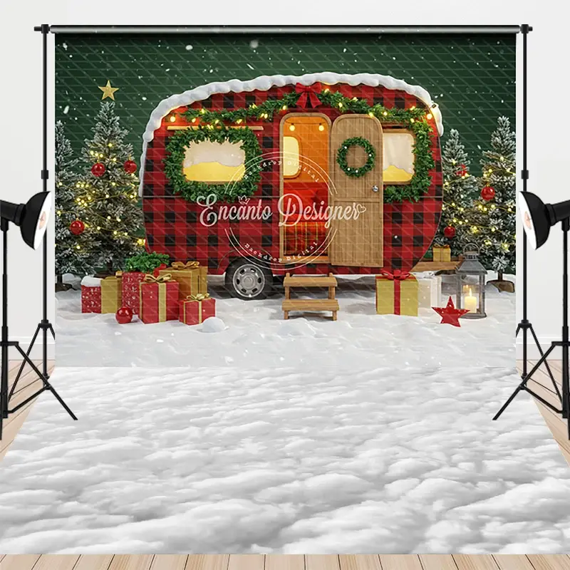 Aperturee Christmas Camper with Red Plaid Combo Set Backdrop, Vintage Trailer in Snow, Holiday Mini Session Photo Floor
