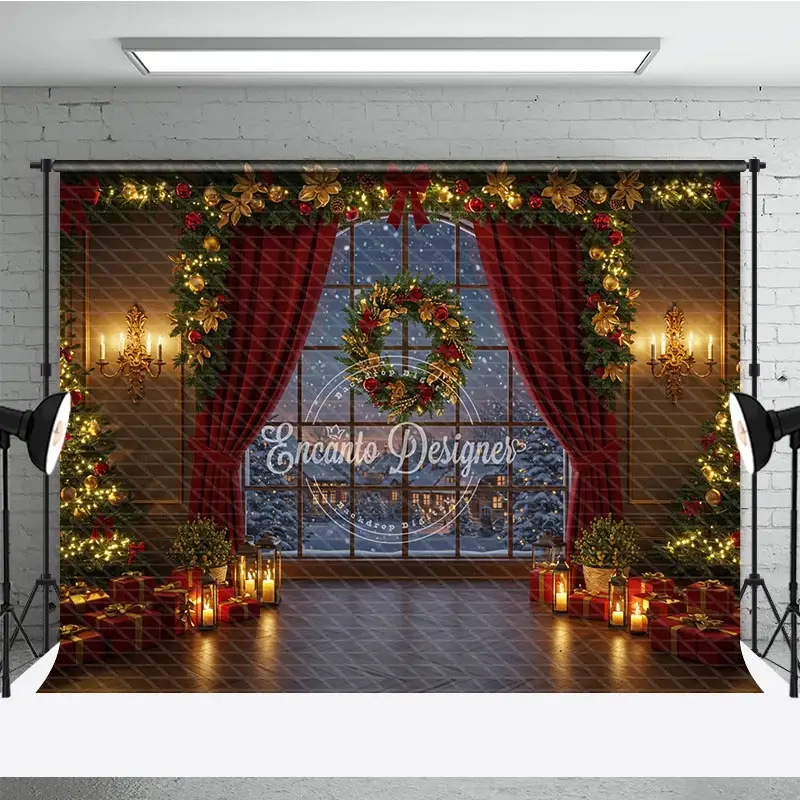 Aperturee Cozy Christmas Window Photography Backdrop, Snowy Village View with Red Curtains, Holiday Mini Session Background, 3x2ft (WxH)