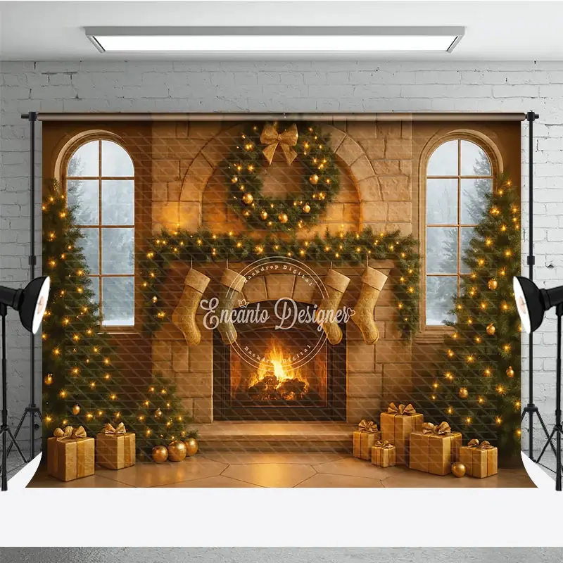 Aperturee Cozy Christmas Stone Fireplace Photography Backdrop, Stockings and Trees, Snowy Window Holiday Background, 3x2ft (WxH)