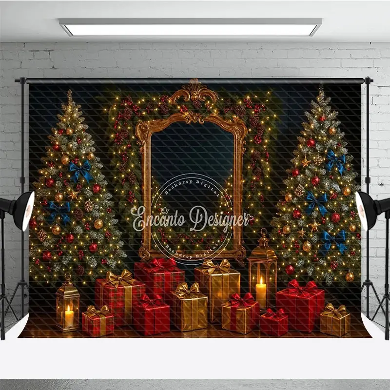 Aperturee Elegant Christmas Photography Backdrop, Ornate Gold Mirror with Red and Blue, Holiday Mini Session Background, 3x2ft (WxH)