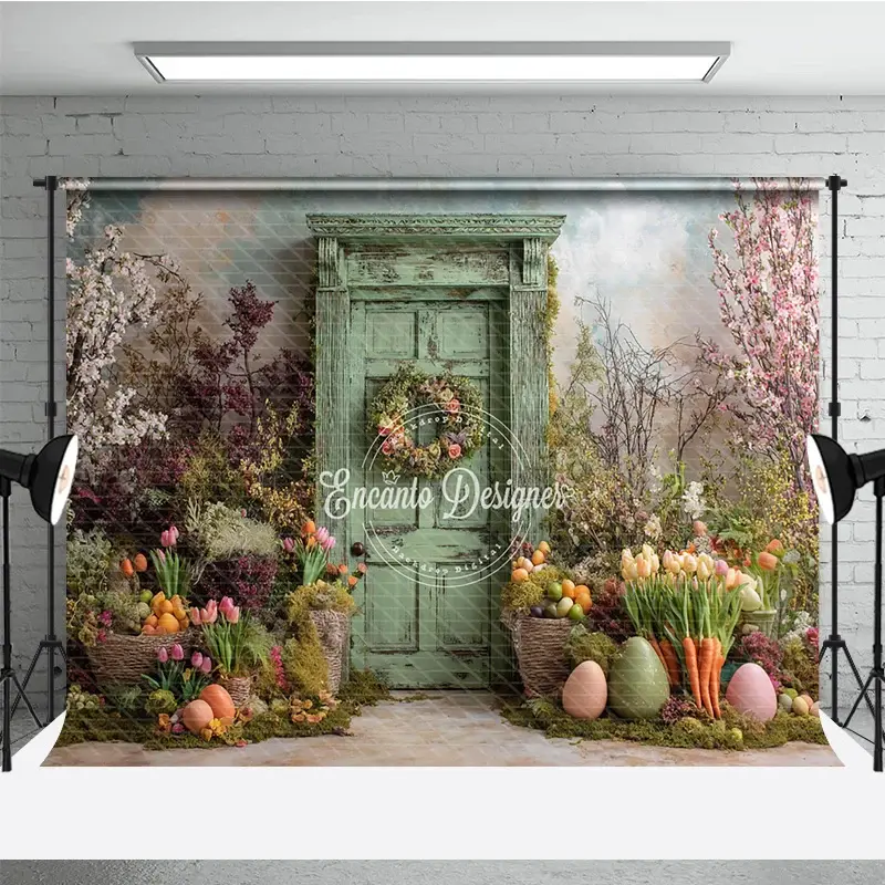 Aperturee Green Wooden Door Easter Photography Backdrop, Overgrown Spring Garden and Tulips Studio Background