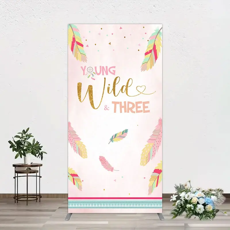 Aperturee Pink Feather Young Wild Three Birthday Rectangle Backdrop, 1.6 x 4 ft (0.5 x 1.2 m), 98.18 USD, arch backdrop kit, GAH0A714CF-AJ