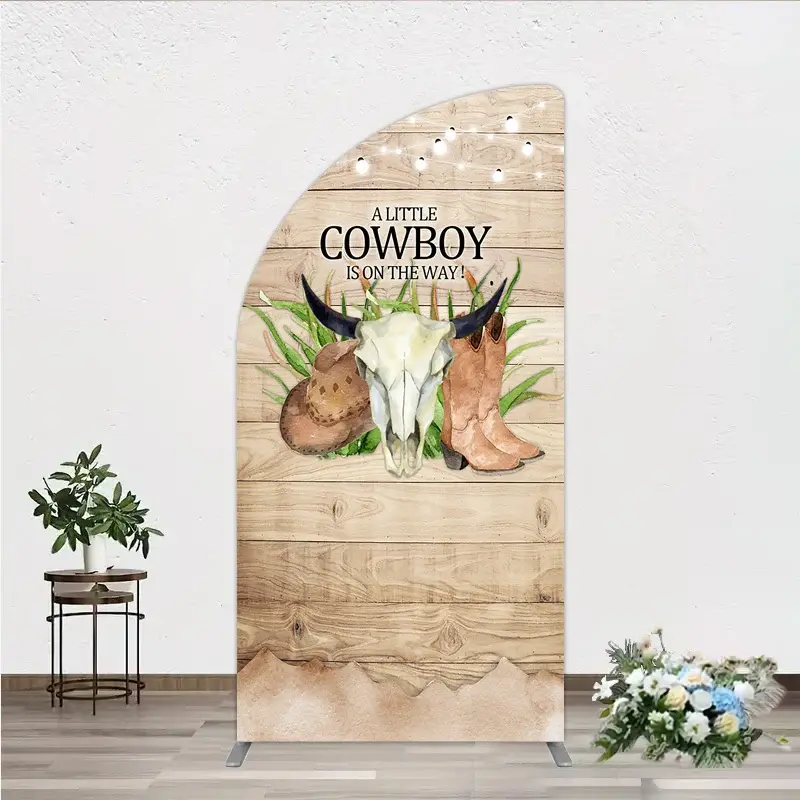 Aperturee A Little Cowboy is on the Way Half Moon Arch Backdrop, Rustic Western Baby Shower Decor, Wood and String Lights Photo Booth, 1.6x4ft (50x1