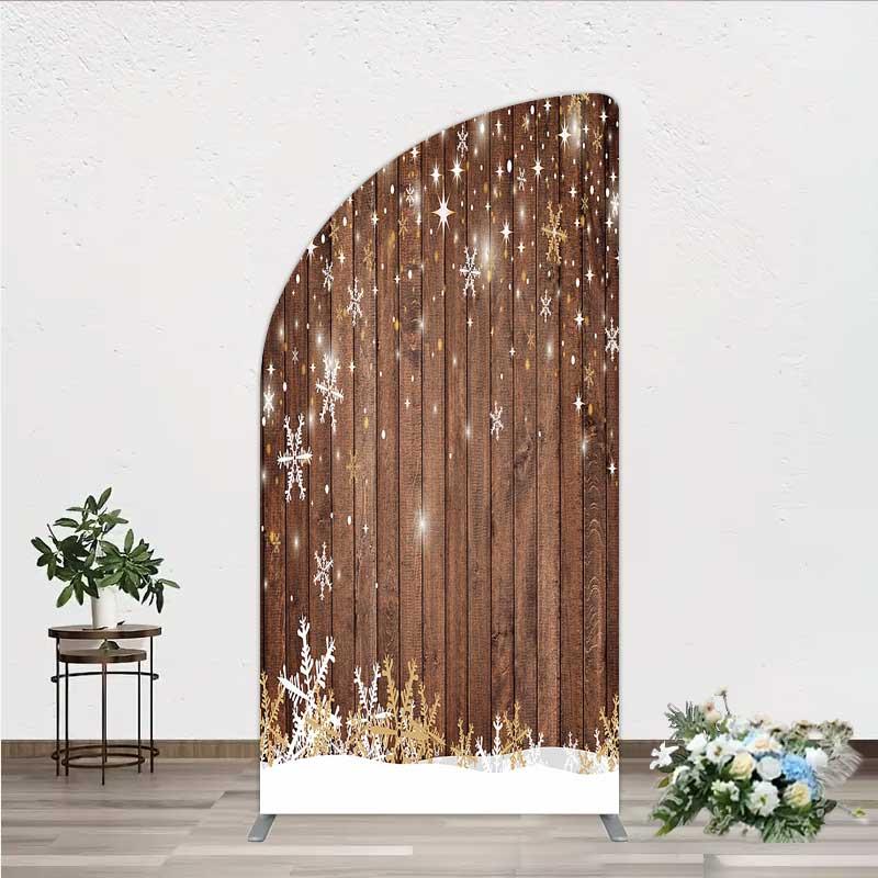 Aperturee Christmas Snowflakes Arch Backdrop Rustic Brown Wood and Sparkling Stars Background, Professional Holiday Arch Prop