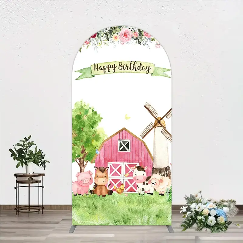 Aperturee Farm Animals Birthday Arch Backdrop for Girl, Watercolor Pink Barnyard and Floral Theme, Happy Birthday Party Decor, 1.6x4ft (50x120cm), 9