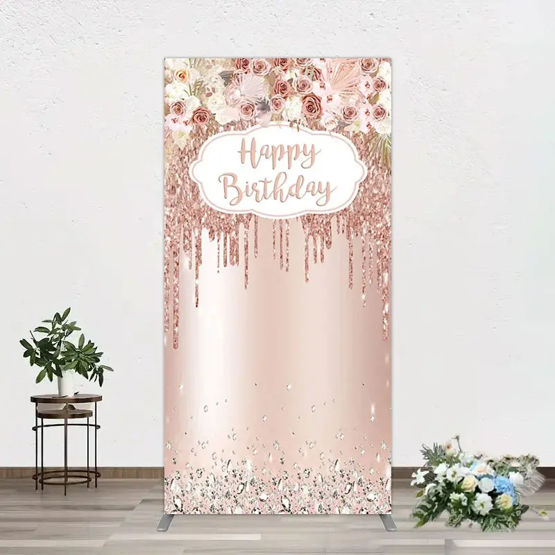 Aperturee Rose Gold Glitter Flowers Birthday Rectangle Backdrop, 1.6 x 4 ft (0.5 x 1.2 m), 98.18 USD, arch backdrop kit, GAH0B453CF-AJ