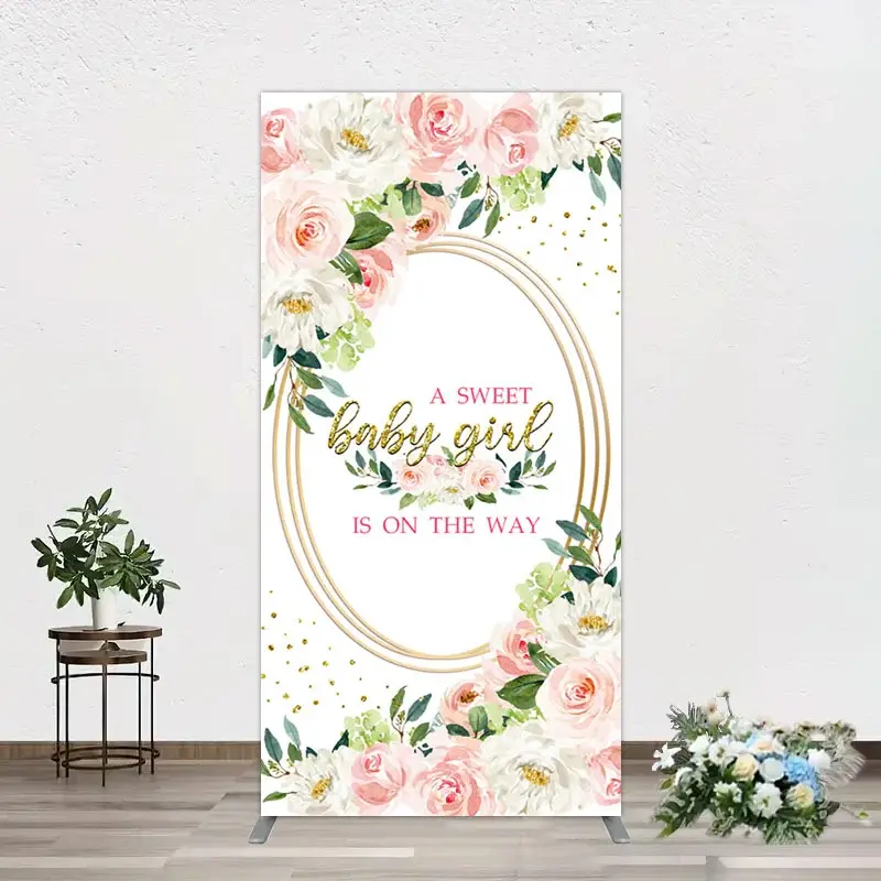 Aperturee Floral Pink Glitter Gold Baby Shower Rectangle Backdrop, 1.6 x 4 ft (0.5 x 1.2 m), 98.18 USD, arch backdrop kit, GAH0B469CF-AJ