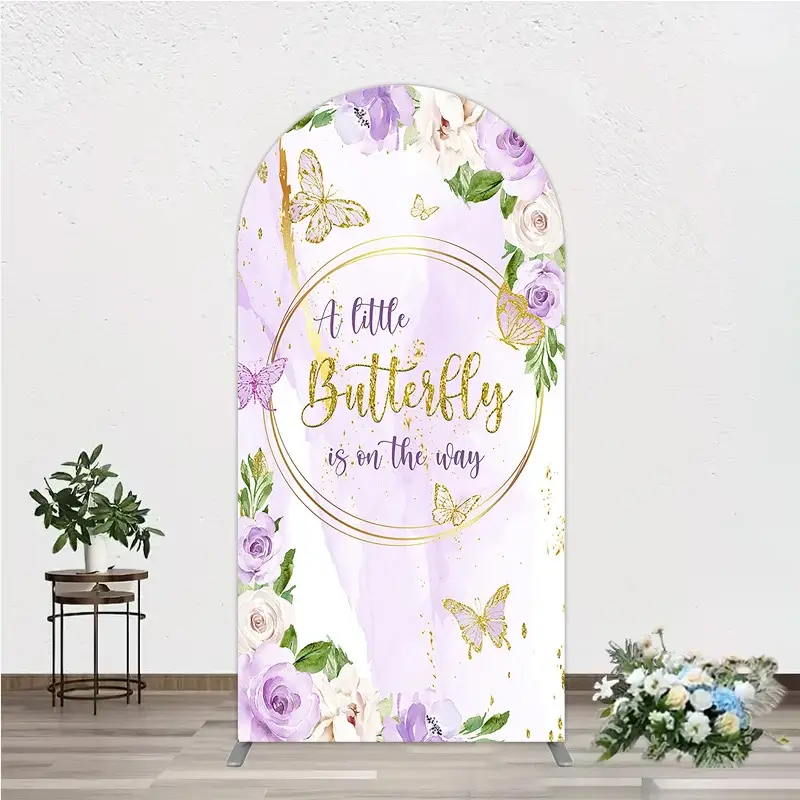 Aperturee A Little Butterfly is on the way Arch Backdrop, Purple Floral Baby Shower Decor, Gold Butterfly for Girl