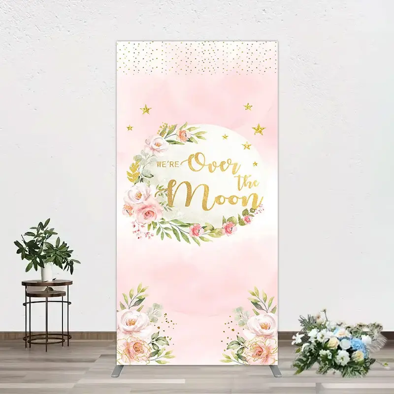 Aperturee Floral Over The Moon Pink Baby Shower Rectangle Backdrop, 1.6 x 4 ft (0.5 x 1.2 m), 98.18 USD, arch backdrop kit, GAH0B972CF-AJ