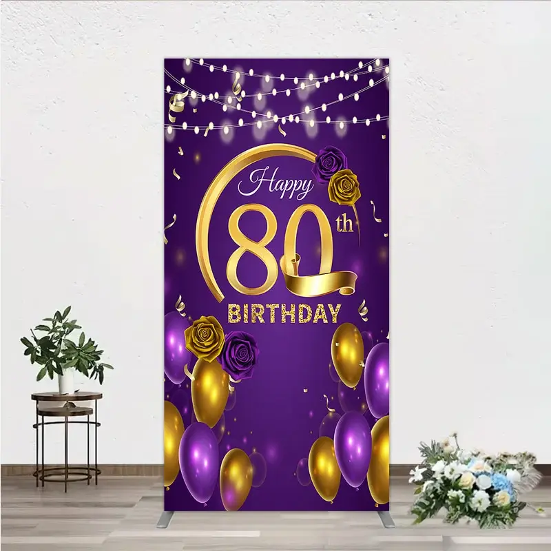 Aperturee Happy 80th Birthday Rectangle Backdrop for Her, Purple and Gold Balloons with String Lights, Elegant Party Decor, 1.6x4ft (50x120cm)