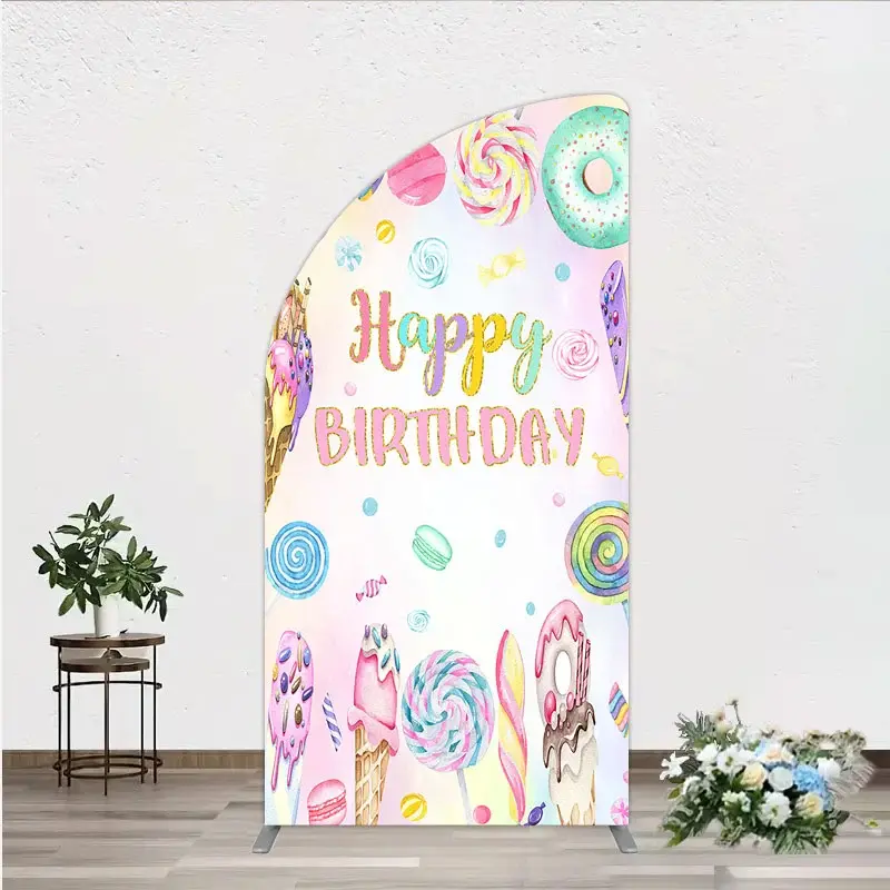 Aperturee Happy Birthday Candyland Half Moon Arch Backdrop, Pastel Donut, Ice Cream and Lollipop, Sweet Shoppe Party Photo Booth, 1.6x4ft (50x120cm)