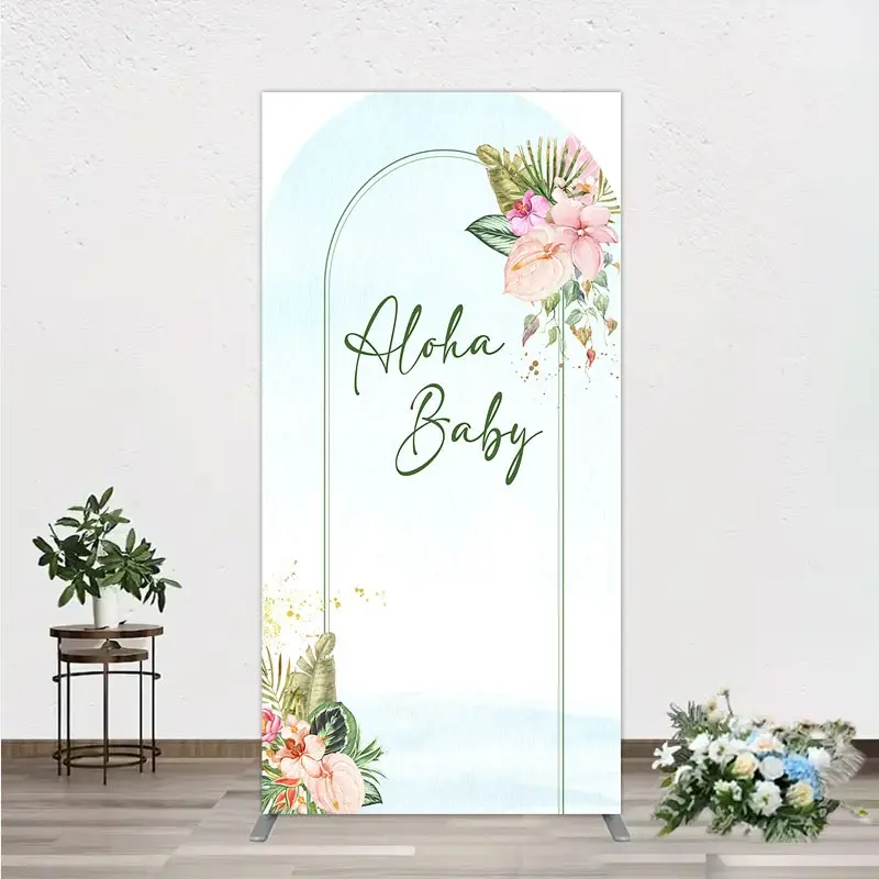 Aperturee Aloha Baby Shower Rectangle Backdrop, Tropical Hawaiian Floral and Palm Leaves, Luau Themed Party Photo Booth Decor, 1.6x4ft (50x120cm)