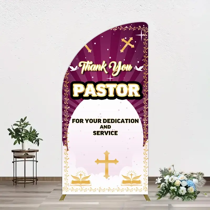 Aperturee Purple Sun Rays Cross Thank You Pastor Half Moon Arch Backdrop, 1.6 x 4 ft (0.5 x 1.2 m), 98.18 USD, arch backdrop kit, GAHF175AYL-AJ
