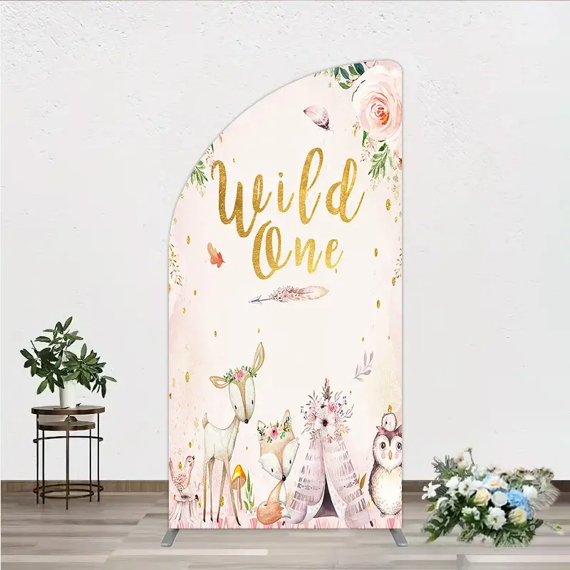 Aperturee Wild One Arch Backdrop, Boho Woodland Animals Baby Shower, Pink Floral Fox Deer Party Decor for Girl
