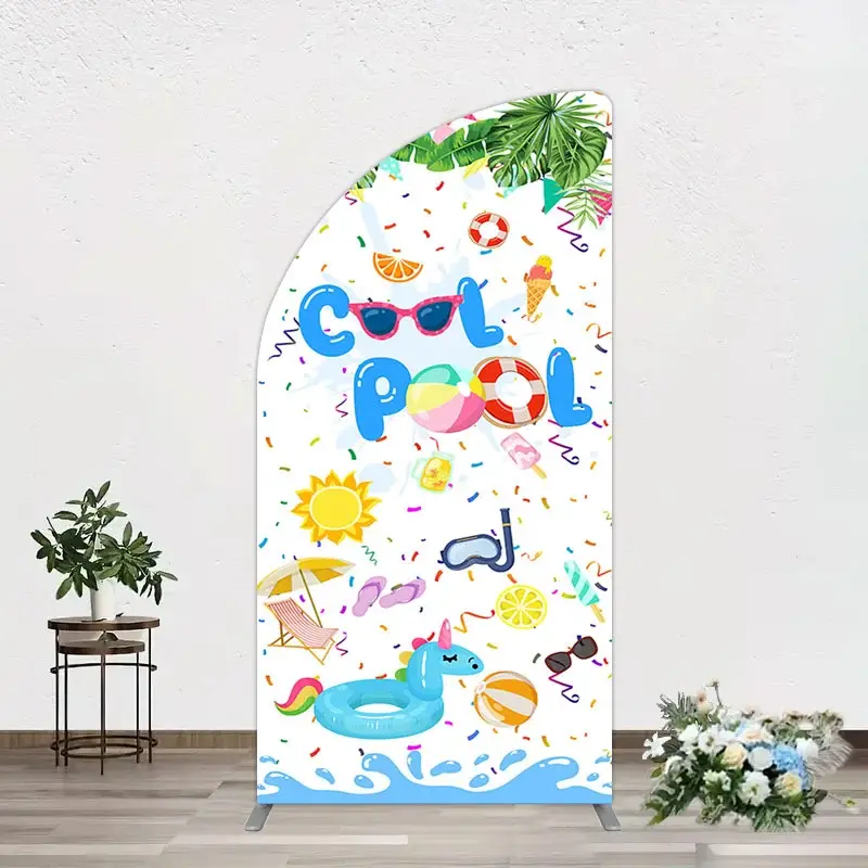 Aperturee Cartoon Summer Pool Party Birthday Half Moon Arch Backdrop, 1.6 x 4 ft (0.5 x 1.2 m), 98.18 USD, arch backdrop kit, GH0A290YL-AJ