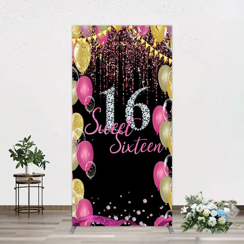 Aperturee Glitter Balloons Sweet 16 Birthday Rectangle Backdrop, 1.6 x 4 ft (0.5 x 1.2 m), 98.18 USD, arch backdrop kit, GHJ07162CF-AJ