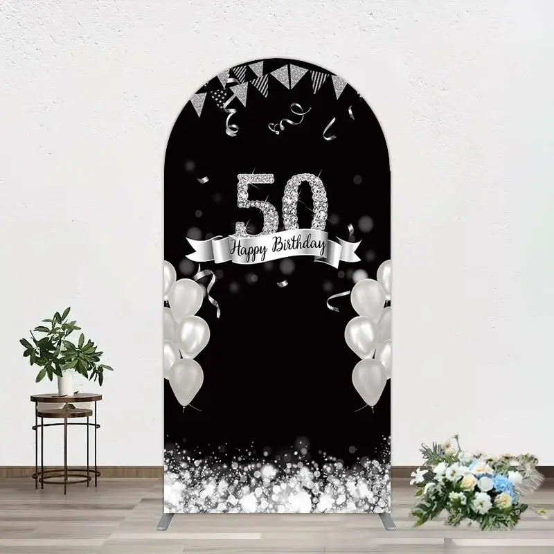 Aperturee Silver Glitter Balloon 50 Birthday Arch Backdrop, 1.6 x 4 ft (0.5 x 1.2 m), 98.18 USD, arch backdrop kit, GHJ07197-AJ