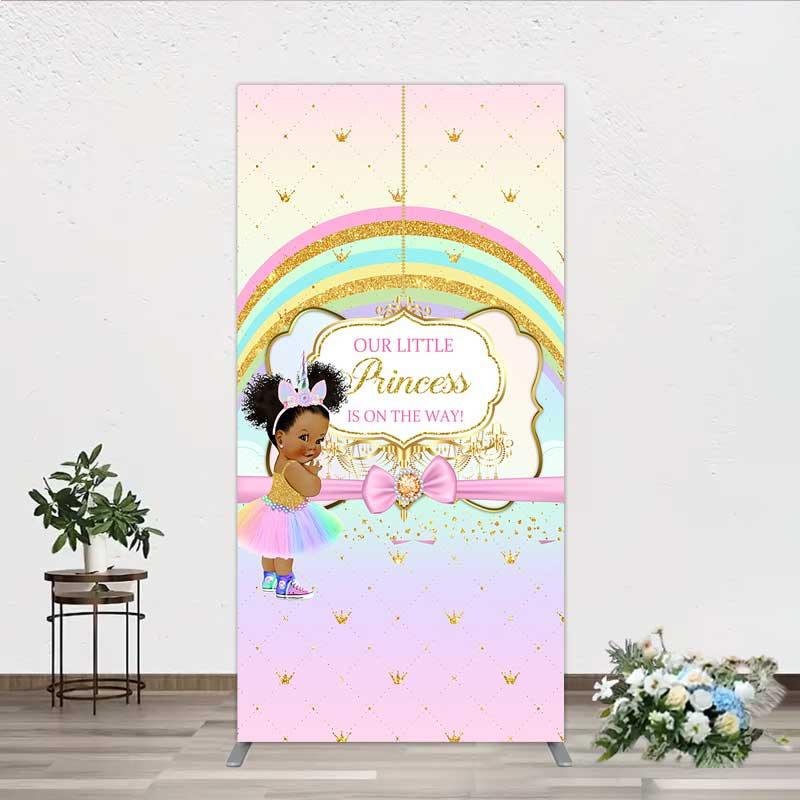 Aperturee Our Little Princess Baby Shower Arch Backdrop Rainbow and Gold Crowns Pink Background, Professional Baby Portrait Prop