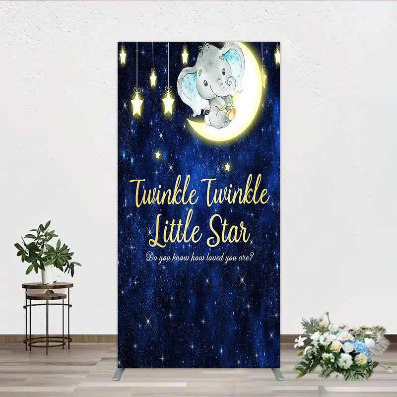 Aperturee Twinkle Twinkle Little Star Elephant Rectangle Backdrop, Moon and Stars Baby Shower Party Cover