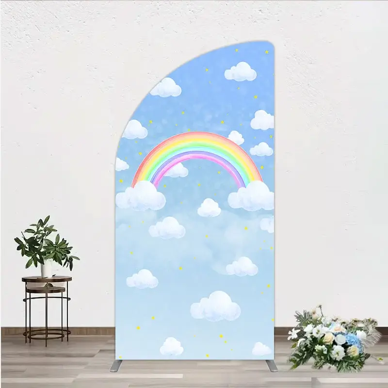 Aperturee Watercolor Rainbow in the Sky Half Moon Arch Backdrop, Pastel Clouds and Stars, Baby Shower or Birthday Photo Booth Decor