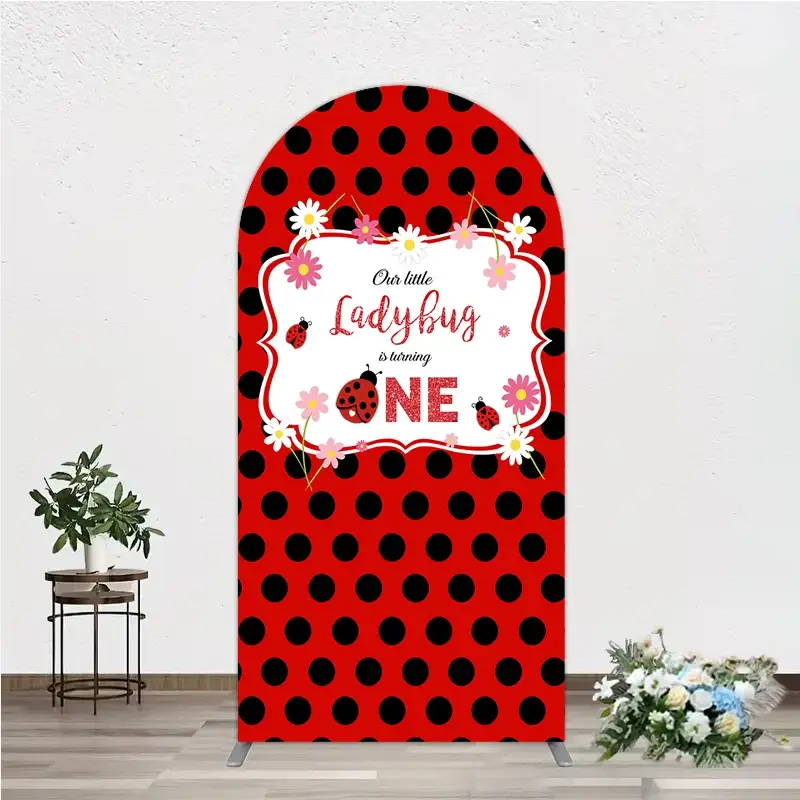 Aperturee Our Little Ladybug is Turning One Arch Backdrop, Red and Black Polka Dot First Birthday, Cute Insect Party Decor, 1.6x4ft (50x120cm)