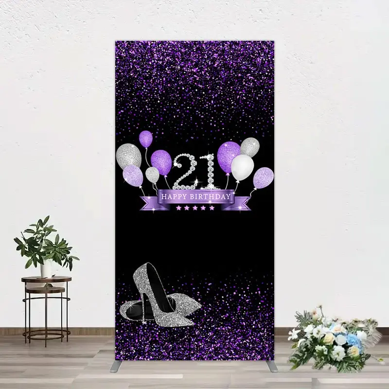 Aperturee Purple Black Heel Balloons Birthday Rectangle Backdrop, 1.6 x 4 ft (0.5 x 1.2 m), 98.18 USD, arch backdrop kit, GHJ07597CF-AJ