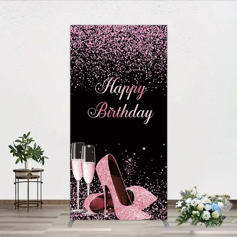 Aperturee Happy Birthday Rectangle Backdrop for Her, Pink Glitter High Heels and Champagne, Fabulous Women's Party Photo Prop, 1.6x4ft (50x1