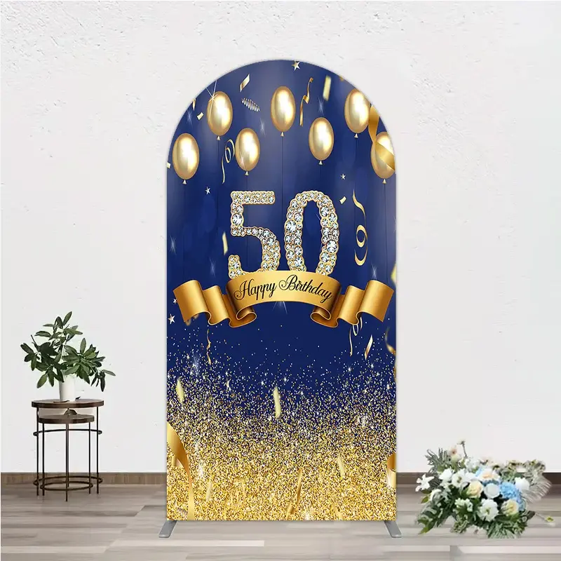 Aperturee Happy 50th Birthday Arch Backdrop, Royal Blue and Gold Balloons, Diamond Glitter Party Decor for 50th