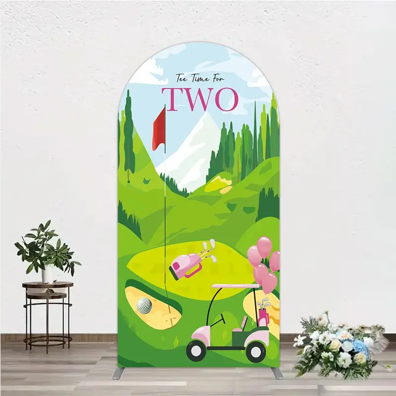 Aperturee Tee Time For Two Golf Birthday Arch Backdrop, Pink Golf Cart and Mountain Landscape Girls 2nd Birthday Background Studio