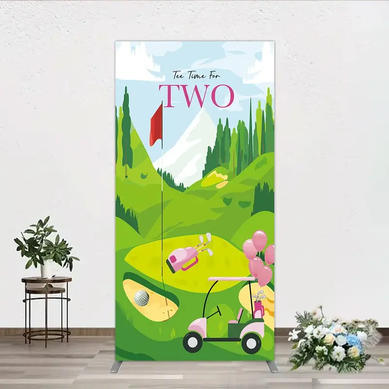 Aperturee Tee Time For Two Golf Birthday Rectangle Backdrop, Pink Golf Cart and Mountain Landscape Girls 2nd Birthday