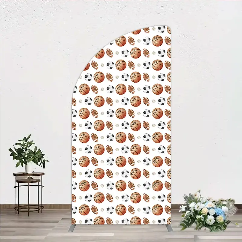 Aperturee Sports Balls Pattern Birthday Half Moon Arch Backdrop, Basketball Football and Soccer Balls All Star Party Background