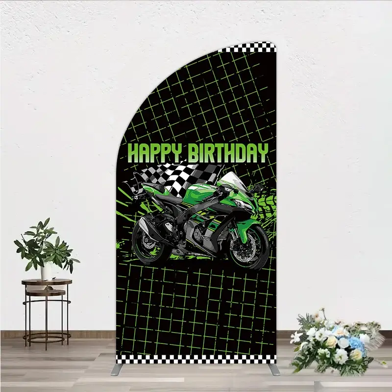 Aperturee Motorcycle Happy Birthday Half Moon Arch Backdrop, Green Racing Superbike and Checkered Flag, Boys Biker Themed Party Decor, 1.6x4ft (50x1