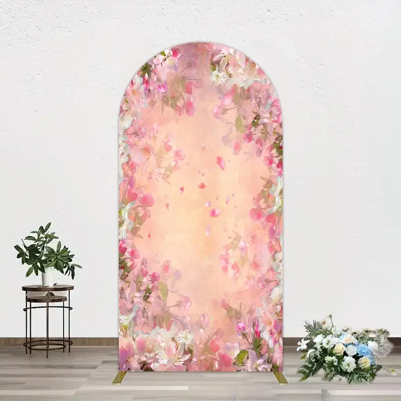 Aperturee Painted Pink Floral Leaves Birthday Arch Backdrop, 1.6 x 4 ft (0.5 x 1.2 m), 98.18 USD, arch backdrop kit, GLH0F566-AJ