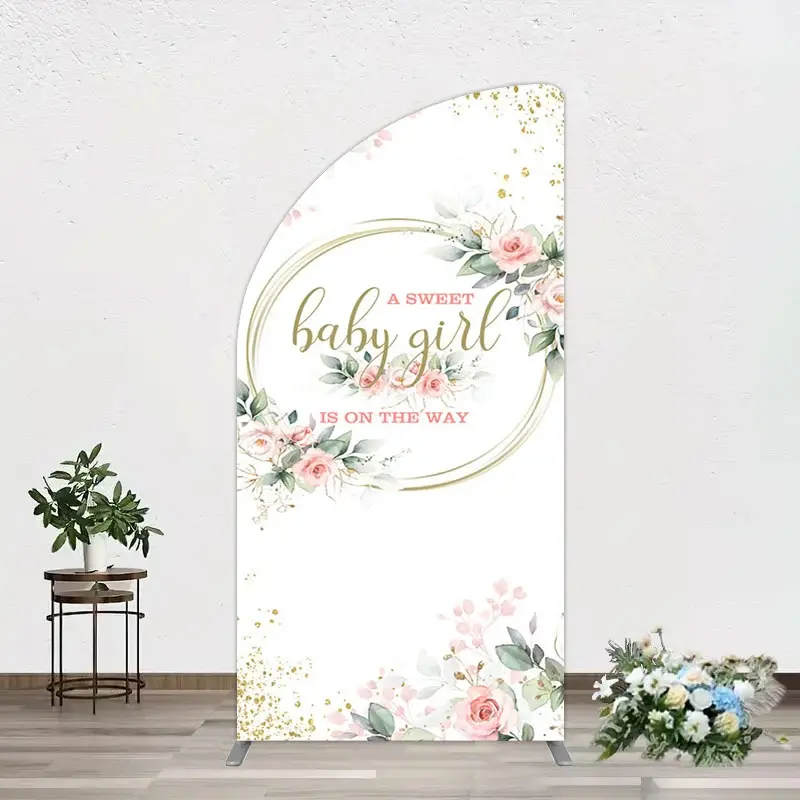 Aperturee Floral Spring Pink Girl Baby Shower Half Moon Arch Backdrop, 1.6 x 4 ft (0.5 x 1.2 m), 98.18 USD, arch backdrop kit, GLH0G849YL-AJ