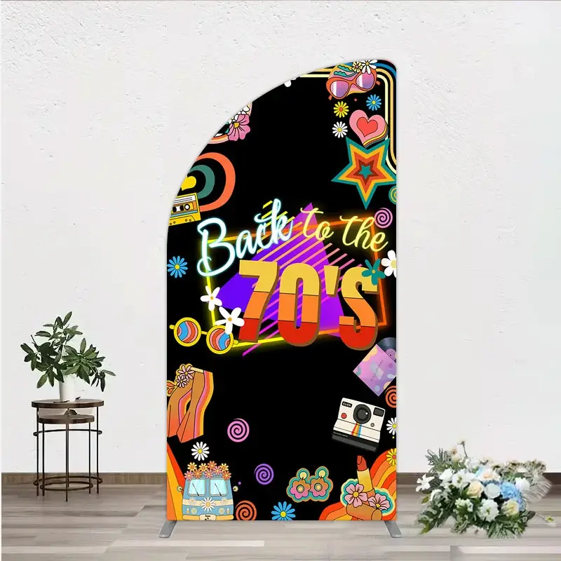 Aperturee Back to the 70s Groovy Birthday Half Moon Arch Backdrop, Retro Neon with Disco Ball, Hippie Themed Party Decor, 1.6x4ft (50x120cm)