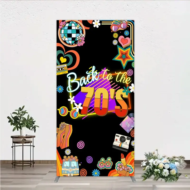Aperturee Back to the 70s Groovy Birthday Rectangle Backdrop, Retro Neon with Disco Ball, Hippie Themed Party Decor, 1.6x4ft (50x120cm)