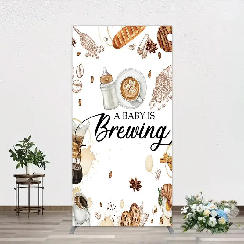 Aperturee A Baby is Brewing Rectangle Backdrop, Coffee and Croissant Themed Baby Shower, Fun Cafe Welcome Sign Photo Prop Decor, 1.6x4ft (50x1