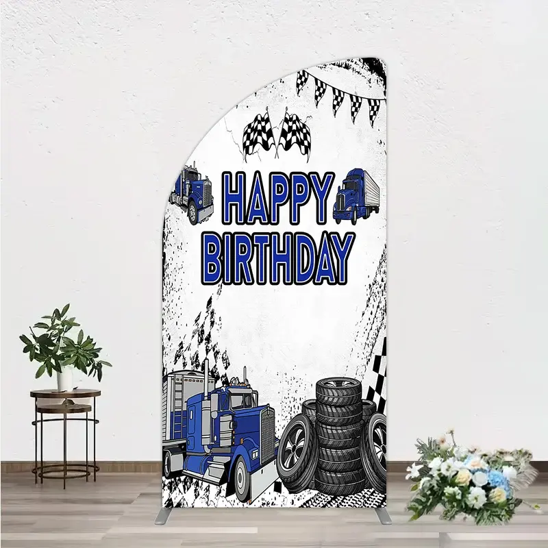 Aperturee Blue Semi Truck Happy Birthday Arch Backdrop Checkered Flag Transportation Photo Booth Prop